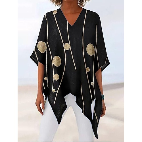 

Mulheres Camisa Social Blusa Preto Amarelo Dourado Borboleta Assimétrico Imprimir Manga 3/4 Feriado Final de semana Roupa de rua Casual Decote V Longo Borboleta S