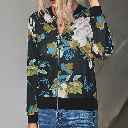 

Women's Casual Jacket Windproof Warm Outdoor Street Daily Vacation Zipper Print Zipper V Neck Fashion Modern Street Style Flower Regular Fit Outerwear Long Sleeve Winter Fall Navy Black Beige S M L XL