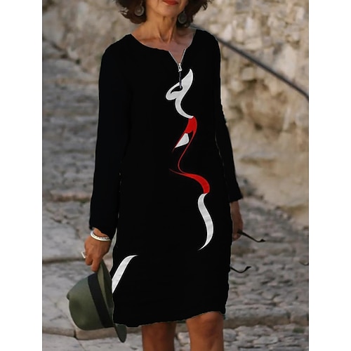 

Women's Casual Dress Shift Dress Black Long Sleeve Zipper Winter Fall Autumn Crew Neck Winter Dress Fall Dress 2022 L XL XXL 3XL 4XL 5XL 6XL