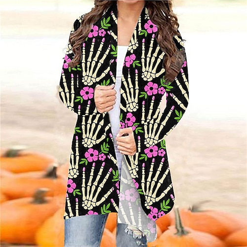 

Women's Casual Jacket Warm Breathable Halloween Daily Wear Vacation Going out Print Open Front Collarless Active Comfortable Street Style Halloween Pumpkin Regular Fit Outerwear Long Sleeve Winter