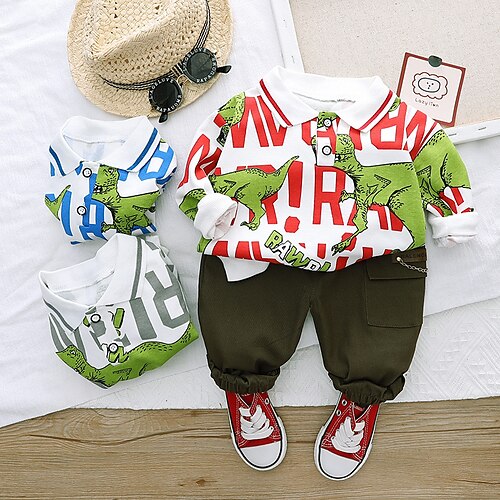

Kids Boys T-shirt Pants Clothing Set 2 Pieces Long Sleeve Blue Red Gray Letter Dinosaur Vacation Fashion Casual 1-5 Years