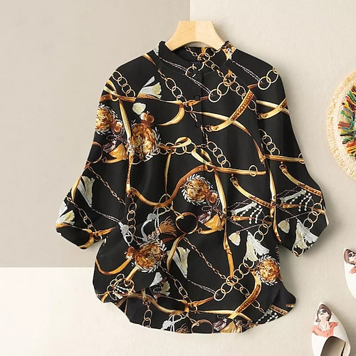 

Women's Blouse Shirt Black Wine Beige Chains Print Button Print 3/4 Length Sleeve Daily Weekend Streetwear Casual Standing Collar Regular S / 3D Print