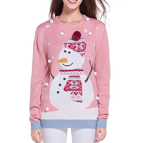 

Damen Strickwaren Gerippt Stricken Strick Schneemann Rundhalsausschnitt Stilvoll Casual Weihnachten Täglich Winter Herbst Rosa S / Langarm