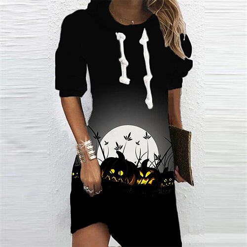 

Vestido con capucha para mujer, vestido recto, minivestido corto, Halloween, negro, manga larga, estampado de calabaza, Otoño Invierno, con capucha, vacaciones, informal, 2022, s, m, l, xl, xxl,