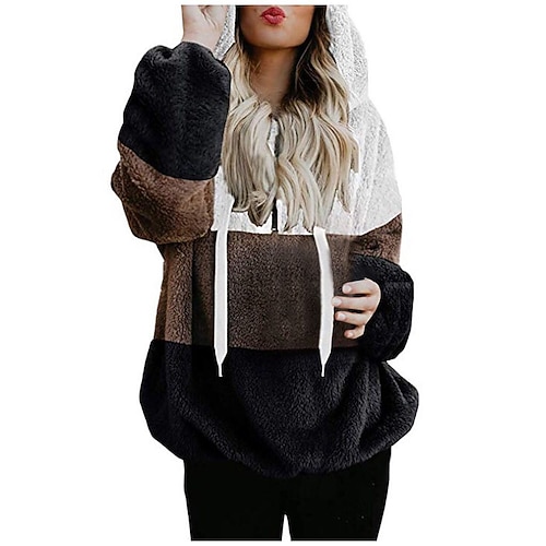 

Women's Hoodie Sweatshirt Sherpa Fleece Teddy Green Coffee Gray Color Block Street Hoodie Long Sleeve S M L XL 2XL