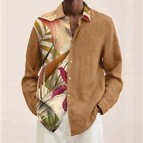 

Men's Shirt Leaves Turndown Yellow Long Sleeve 3D Print Outdoor Street Button-Down Print Tops Fashion Casual Breathable