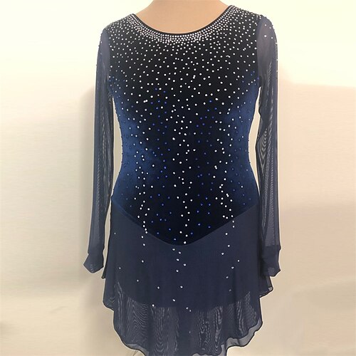 

Figure Skating Dress Women's Girls' Ice Skating Dress Dark Blue Spandex High Elasticity Training Competition Skating Wear Handmade Crystal / Rhinestone Long Sleeve Ice Skating Figure Skating / Winter