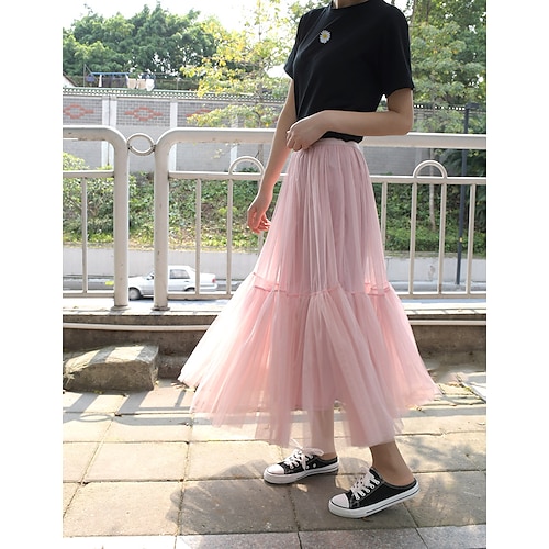 

Women's Skirt Swing Midi Organza ArmyGreen Pink Beige White Skirts Pleated Ruffle Fashion Holiday Weekend One-Size