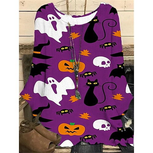 

Women's Plus Size Tops Blouse Shirt Skull Cat Print Long Sleeve Crewneck Casual Halloween Halloween Daily Polyester Fall Winter Purple Yellow