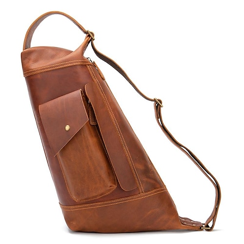 

Men's Sling Shoulder Bag Crossbody Bag Top Handle Bag Nappa Leather Cowhide Zipper Solid Color Vintage Daily Brown Coffee