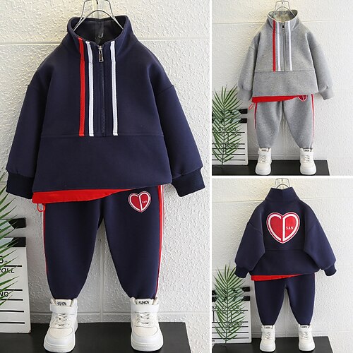 

2 Pieces Kids Boys Hoodie & Pants Clothing Set Outfit Solid Color Set School Active Casual Winter Fall 2-12 Years Navy Blue Grey