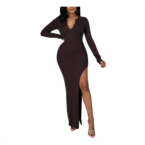 

Women's Bodycon Sheath Dress Long Dress Maxi Dress Black Wine Dark Green Long Sleeve Pure Color Split Winter Fall Autumn Shirt Collar Modern Winter Dress Weekend Fall Dress Slim 2022 S M L XL XXL