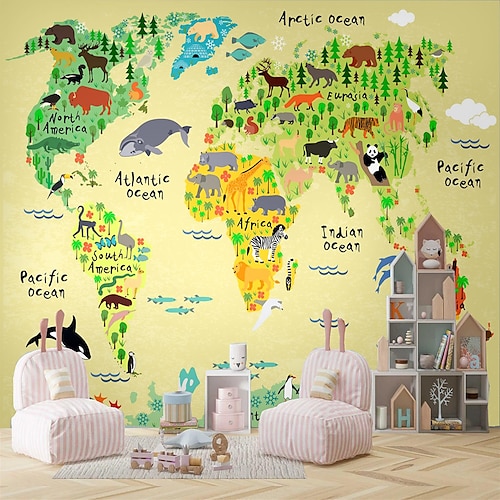 

Murals Cartoon Animals Color Map Map Suitable For Hotel Living Room Bedroom Canvas Material Self adhesive Wallpaper Mural Wall Cloth Room Wallcovering