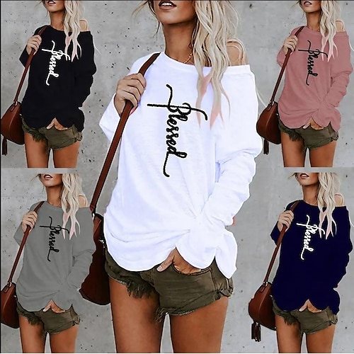 

2020 Autumn Cross-Border European And American Ebay Popular Casual Off-The-Shoulder Round Neck Printed Loose T-Shirt Women's Tops