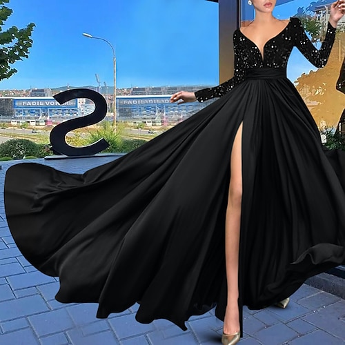 

A-Line Evening Dresses Sparkle & Shine Dress Prom Court Train Long Sleeve V Neck Chiffon with Sequin Slit 2022