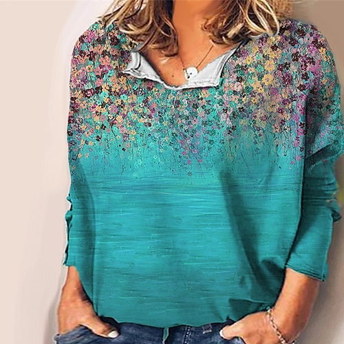 

Women's Plus Size Tops Blouse Shirt Floral Print Long Sleeve V Neck Casual Daily Vacation Polyester Fall Winter Blue Gray