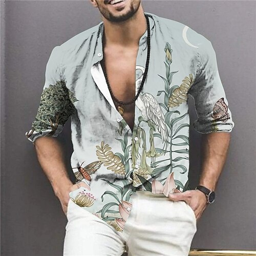 

Men's Shirt Graphic Shirt Floral Crane Stand Collar Blue 3D Print Outdoor Street Long Sleeve Button-Down Print Clothing Apparel Fashion Designer Casual Breathable