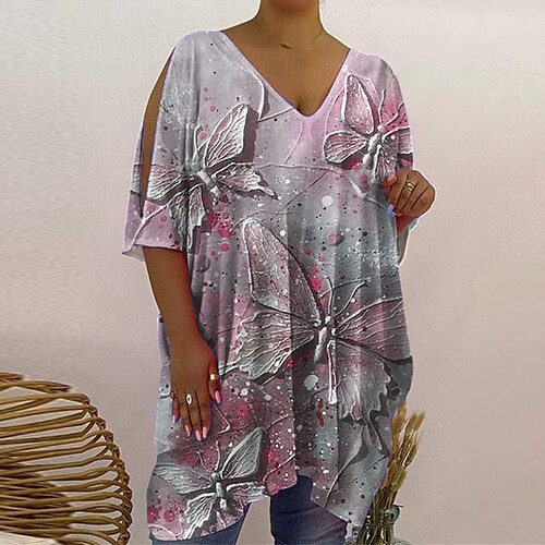 

Women's Plus Size Tops T shirt Tee Animal Butterfly Print Half Sleeve V Neck Casual Daily Vacation Polyester Fall Winter White Blue