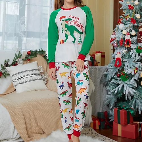 

Women's ChristmasPjs Pajamas Sets 2 Pieces Animal Letter Comfort Home Crew Neck Winter Fall Green