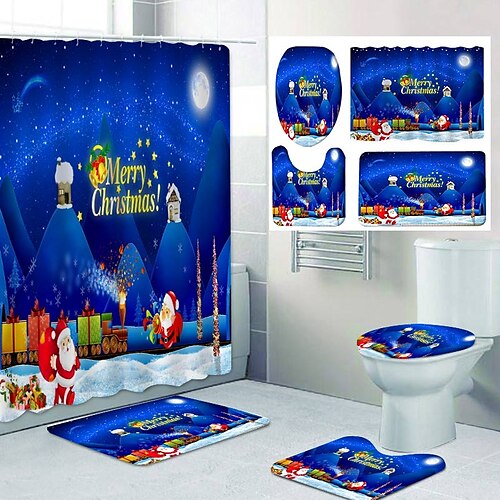 

Christmas Shower Curtain with Hooks,Christmas Santa Claus Pattern Printing Bathroom Shower Curtain Leisure Toilet Four-Piece Design