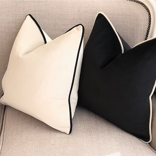

Velvet Pillow Cover Black White Boarder Boho Square Zipper Traditional Classic or Bedroom Livingroom Sofa Couch Chair Superior Quality Machine Washable