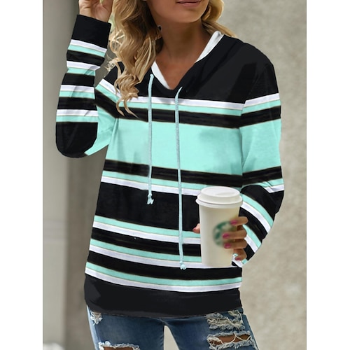 

Women's Hoodie Sweatshirt Pullover Active Basic Blue Color Block Stripes Street Hoodie Long Sleeve S M L XL 2XL 3XL
