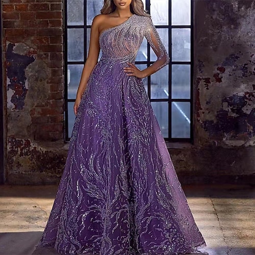 

Women's Party Dress Sequin Dress Maxi long Dress Purple Long Sleeve Pure Color Sequins Fall Winter One Shoulder Fashion Elegant 2022 S M L XL 2XL