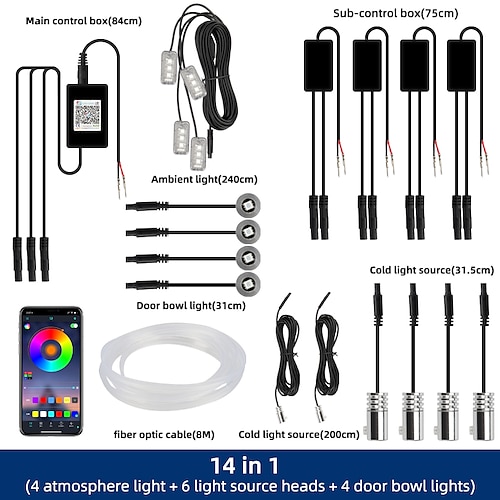 

14in 1 RGB LED Atmosphere Car Light Interior Decoration Fiber Strip Light By App Control Decorative Ambient Lamp Dashboard Lamp