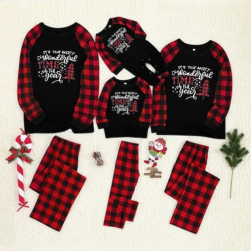 

Family Look Christmas Pajamas Plaid Letter Christmas Tree Black Long Sleeve Daily Matching Outfits