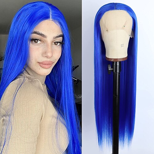 

Royal Blue Lace Front Wig Long Straight 132.5 Middle Part Heat Resistant Fiber Hair Bright Blue Synthetic Lace Front Wigs for Women