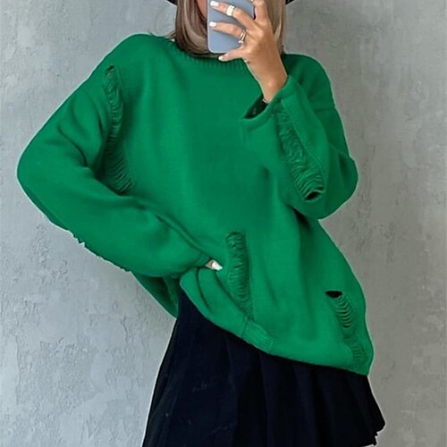 

Women's Pullover Sweater Jumper Ribbed Knit Knitted Pure Color Crew Neck Stylish Casual Outdoor Daily Fall Winter Green Blue S M L / Long Sleeve