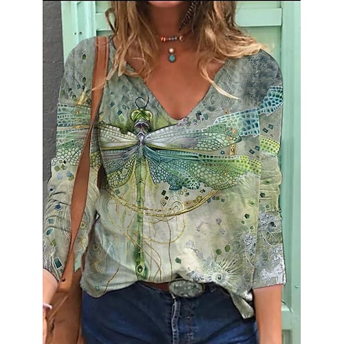 

Women's T shirt Tee Green Blue Graphic Print Long Sleeve Casual Weekend Basic V Neck Regular Painting S