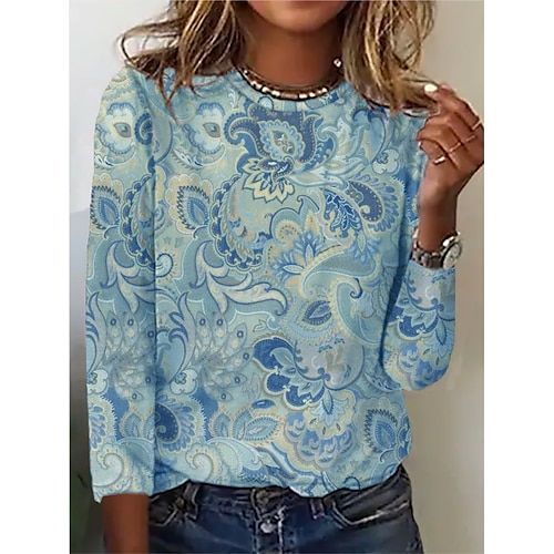 

Women's T shirt Tee Tribal Casual Daily Holiday T shirt Tee Long Sleeve Patchwork Print Round Neck Basic Blue Khaki S / 3D Print