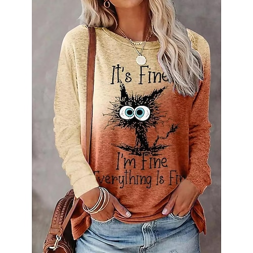 

Women's T shirt Tee Green Purple Pink Graphic Text Print Long Sleeve Casual Weekend Basic Round Neck Regular I'm Fine Painting S / 3D Print