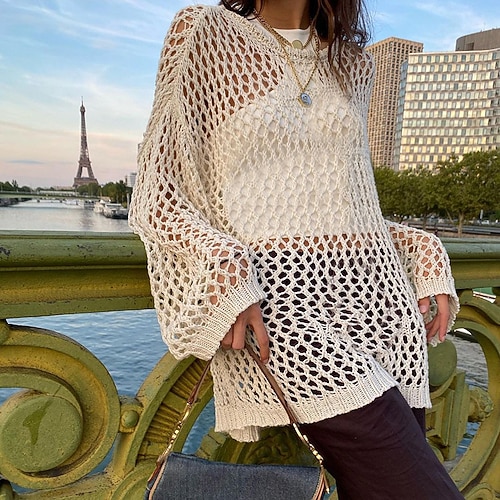 

Women's Pullover Sweater jumper Jumper Crochet Knit Knitted Hole Pure Color Crew Neck Stylish Sexy Holiday Date Winter Fall Beige Black S M L / Long Sleeve / Regular Fit / Club