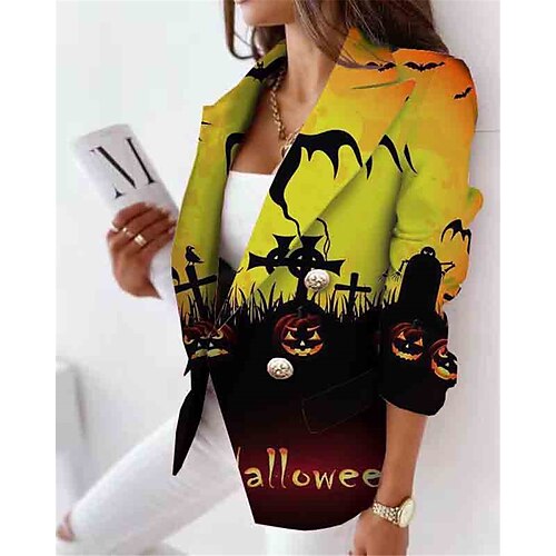 

Women's Blazer Breathable Office Work Halloween with Pockets Print Double Breasted Turndown Vintage Modern Office / career Halloween Pumpkin Regular Fit Outerwear Long Sleeve Winter Fall Blue Purple