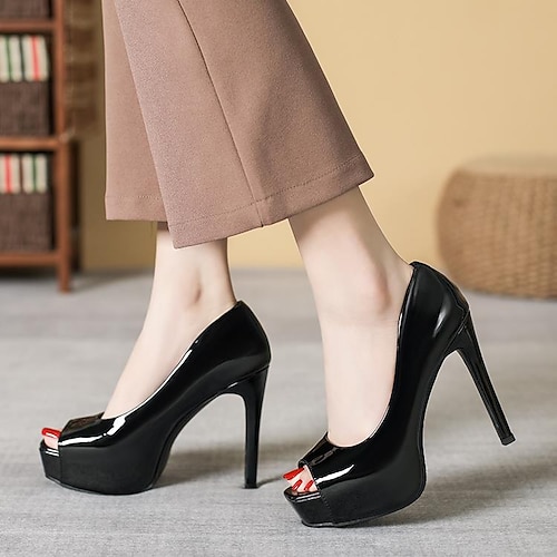 

Women's Heels Dress Shoes Platform High Heel Peep Toe Elegant Party Club PU Leather Loafer Spring Summer Almond Black