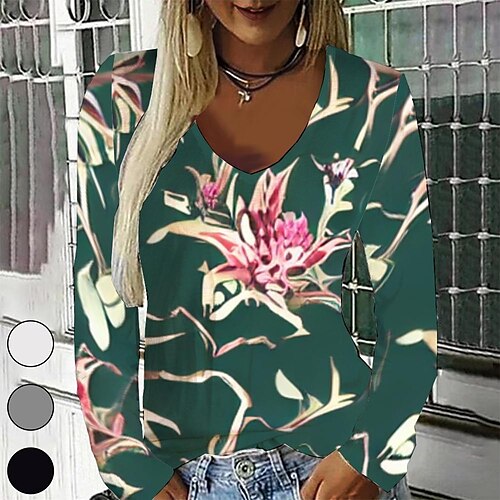

Women's T shirt Tee Green Graphic Geometric Print Long Sleeve Casual Daily Vintage V Neck Regular Geometric Painting S / 3D Print