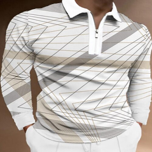 

Men's Collar Polo Shirt Golf Shirt Graphic Linear Turndown White 3D Print Outdoor Street Long Sleeve Zipper Print Clothing Apparel Fashion Casual Breathable