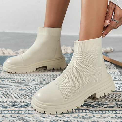 

Femme Bottes Chaussettes du quotidien Bottines Bottines Plateau Bout rond Britanique Doux Tissage Volant Mocassins Couleur Pleine Noir Blanche
