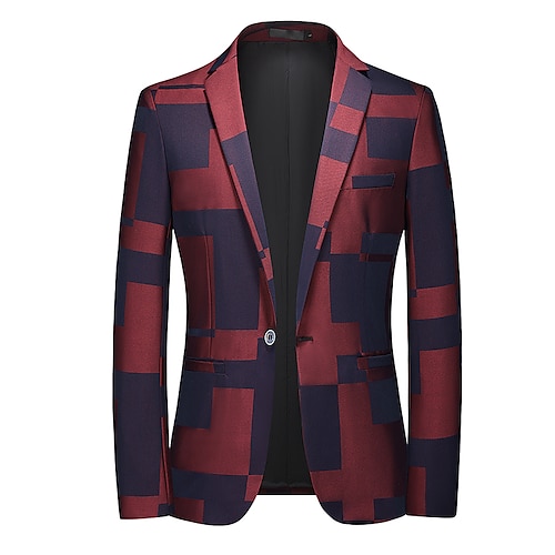 

Men's Fashion Casual Blazer Regular Standard Fit Checkered Single Breasted One-button Black Burgundy Navy Blue 2022