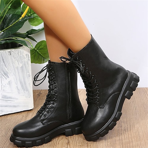 

Women's Boots Combat Boots Plus Size Outdoor Daily Booties Ankle Boots Lace-up Platform Round Toe Minimalism Walking Shoes PU Leather Zipper Solid Colored Black White