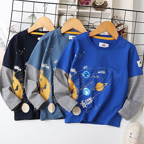 

space printing medium and big boys cotton long-sleeved t-shirt children's t-shirt 2022 autumn new children's clothing bottoming shirt