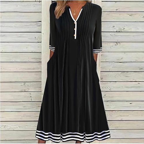 

Women's Casual Dress Midi Dress Black Half Sleeve Striped Print Winter Fall Autumn V Neck Modern Weekend 2022 S M L XL XXL 3XL