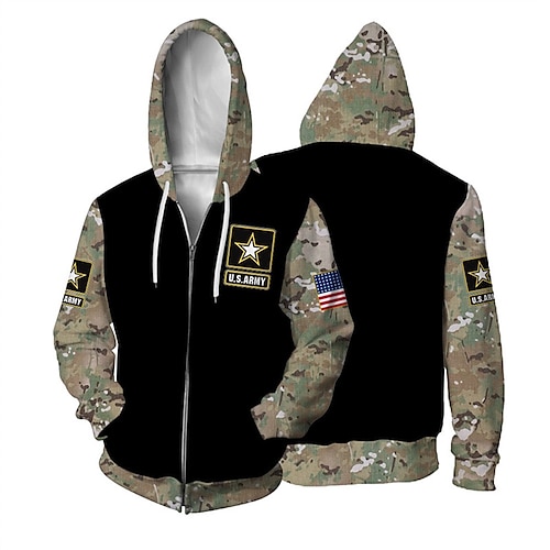 

Men's Unisex Full Zip Hoodie Jacket Black Hooded Color Block Graphic Prints Camo / Camouflage Zipper Print Sports Outdoor Daily Sports 3D Print Streetwear Designer Casual Spring Fall Clothing