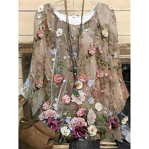 

Damen Hemd Bluse Schwarz Weiß Dunkelgrün Blumen Bedruckt Langarm Täglich Urlaub Vintage Brautkleider schlicht Urlaub Rundhalsausschnitt Standard Übergröße XL