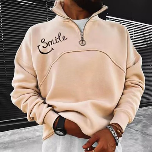 

Men's Pullover Hoodie Sweatshirt Light Khaki. Standing Collar Graphic Letter Zipper Print Sports Outdoor Streetwear Casual Big and Tall Esencial Spring Clothing Apparel Hoodies Sweatshirts Long