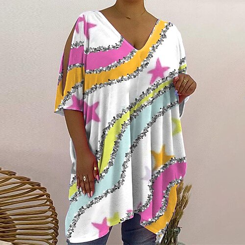 

Women's Plus Size Tops T shirt Tee Graphic Striped Print Half Sleeve V Neck Casual Daily Vacation Cotton Spandex Jersey Fall Winter Green White