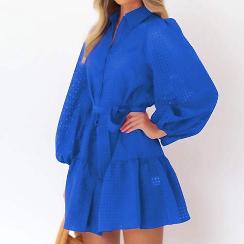 

Women's Casual Dress Blue Pink Long Sleeve Pure Color Hollow Out Winter Fall Autumn Shirt Collar Winter Dress Fall Dress 2022 S M L XL