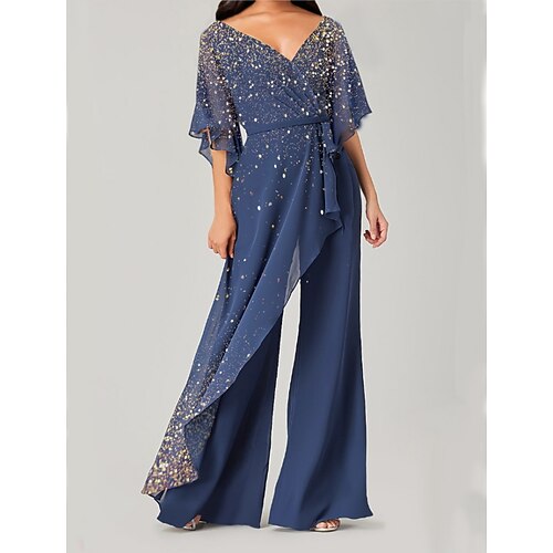 

Women's Jumpsuit Sequin Print V Neck Elegant Party Prom Straight Regular Fit Half Sleeve Blue S M L Fall
